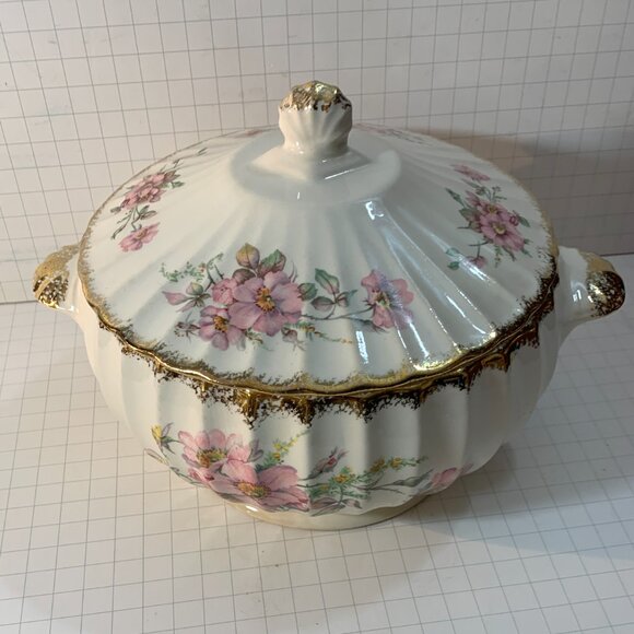 American Limoges Covered Dish Wild Rose 22K Gold Trim Vegetable Tureen 1930s VTG - Picture 4 of 11